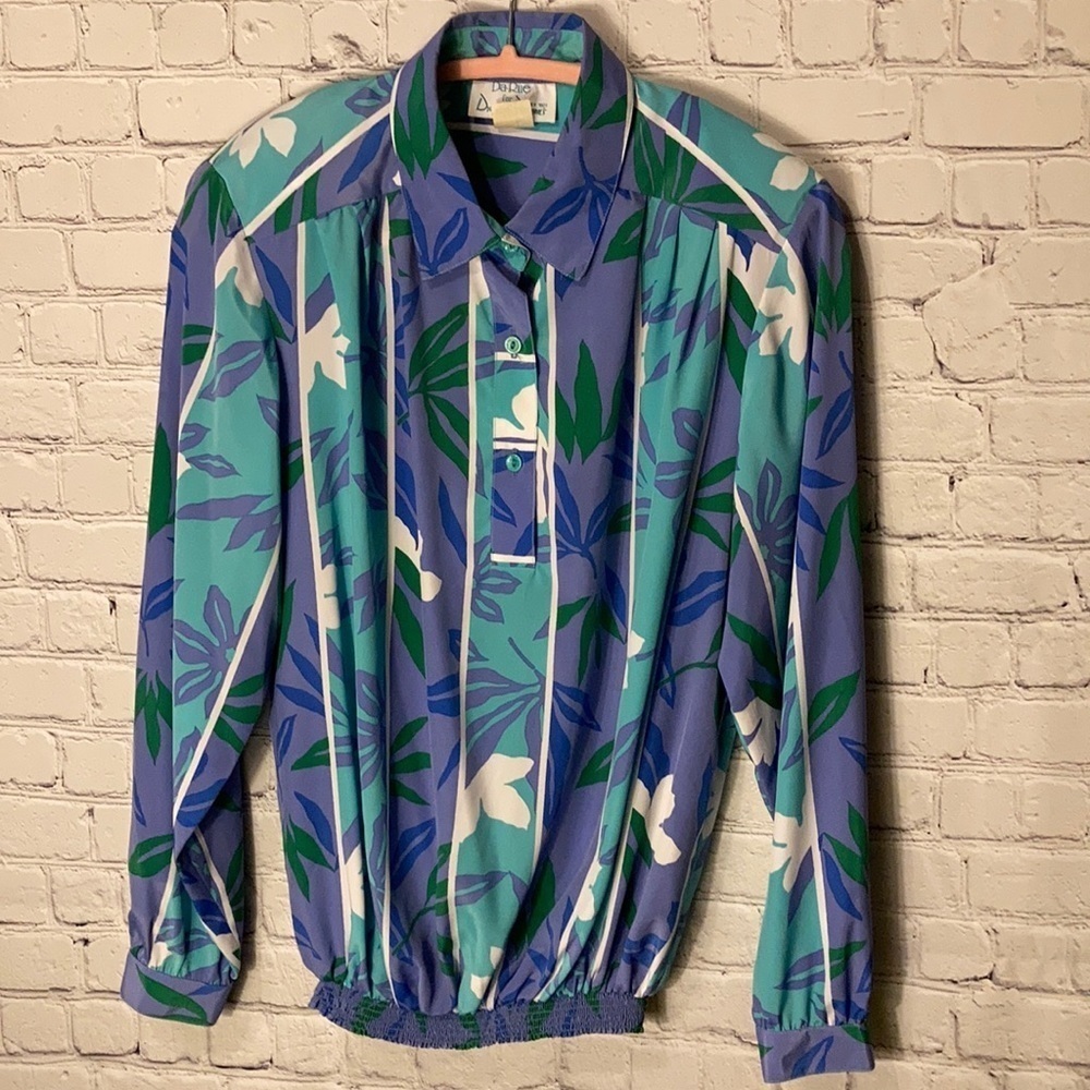 Vintage Da Rue Multicolor Blouse Pullover Windbreaker Flower Shoulder Pads Sz 12
